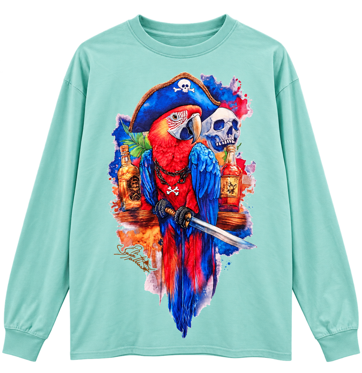Pirate Parrot Long-Sleeve Performance Shirt - Aqua